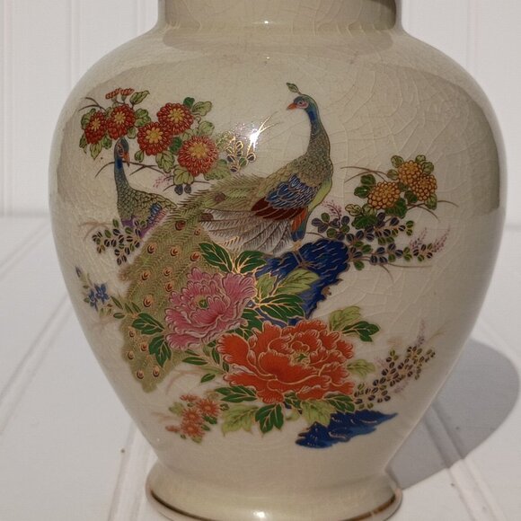 Vintage Japanese Ginger Jar Floral Peacock Porcelain Lidded Satsuma Crackled MCM - Picture 4 of 14